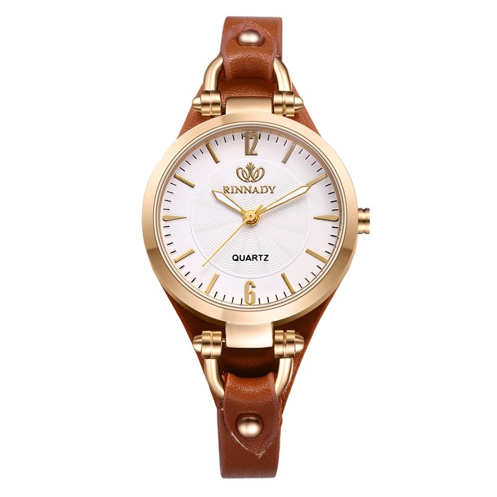 Ceas de dama quartz, Rinnady, curea din piele ecologica, rotund cu cadran cu cifre, maro