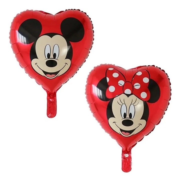 Balon folie Mickey-Minnie, in forma de inima, double sided, 45 cm, Rosu