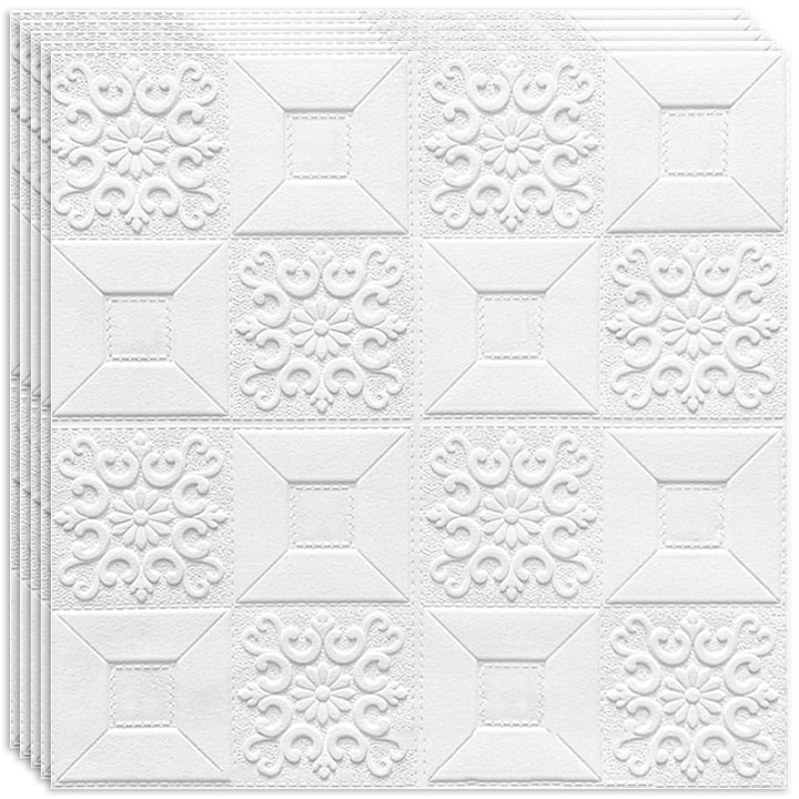 Set 10 x Tapet 3D autoadeziv HOZRO, Model abstract, pentru pereti si tavan, acopera o suprafata de 4.9 mp, design modern, foarte usor de montat, Alb Patrat
