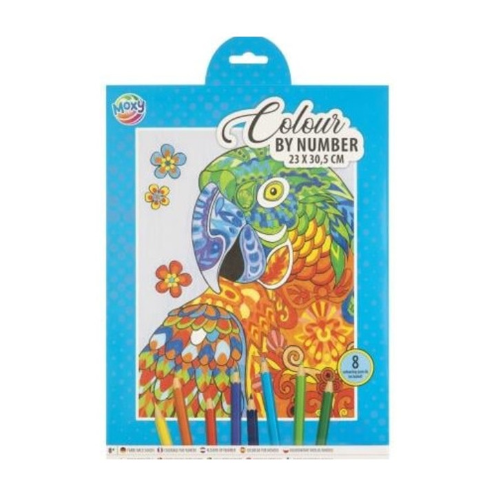 Set creativ, Coloreaza pe numere, Moxy, A4, 8 creioane colorate, papagal
