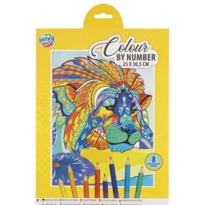 Творчески комплект, Цвят по номера, Мокси, А4, 8 цветни молива, лъв