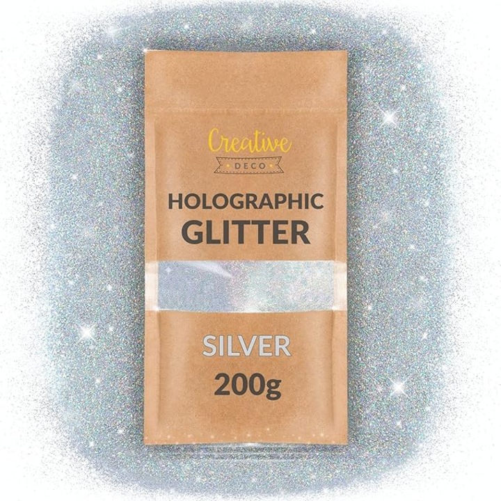 Pulbere cu sclipici 200g, Creative Deco, argintiu pentru decoratiuni, Subtire 0,2 mm, Aditiv olografic pentru oja, Proiecte de arta