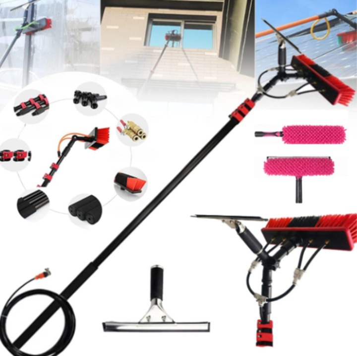 Perie Telescopica Profesionala Model Imbunatatit KASEVY® – Kit Complet Curatare Fara Efort Panouri Solare, Geamuri si Fatade, Racleta, 2 Perii Microfibra, 4 Duze Apa, Furtun Inclus, Perie 55x7.5 cm, Pol Extensibil 3.6–7.2 m