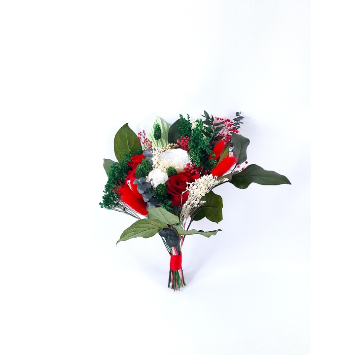 Buchet cu trandafiri naturali criogenati si flori naturale criogenate si uscate (multicolor)
