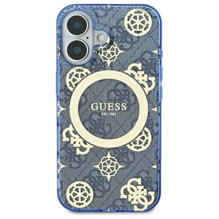 Husa Guess compatibila cu iPhone 16, IML Peony On 4G Background MagSafe, Albastru