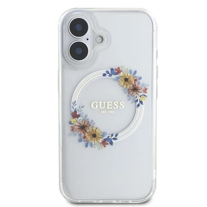 Husa Guess compatibila cu iPhone 16 Plus, IML Flowers Wreath MagSafe, Transparent