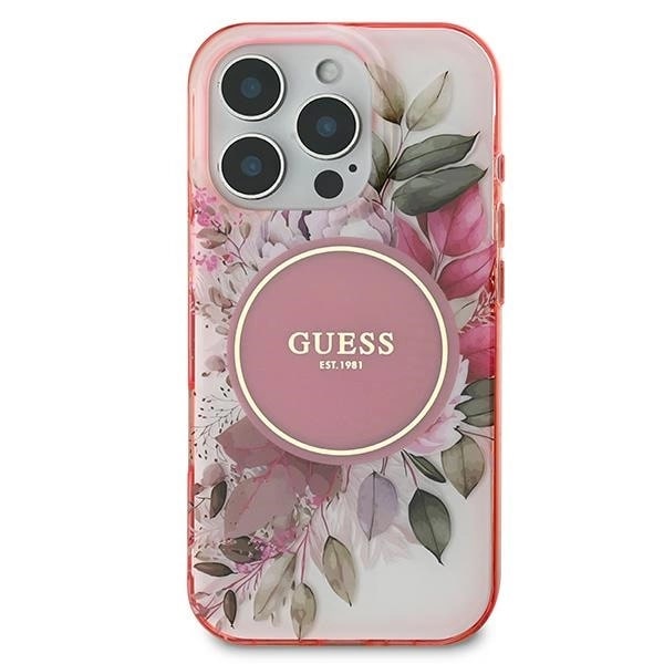 Husa Guess compatibila cu iPhone 16 Pro Max, IML Flower Tonal Circle MagSafe, Roz
