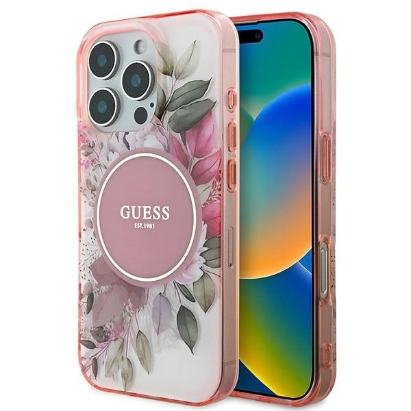 Husa Guess compatibila cu iPhone 16 Pro Max, IML Flower Tonal Circle MagSafe, Roz