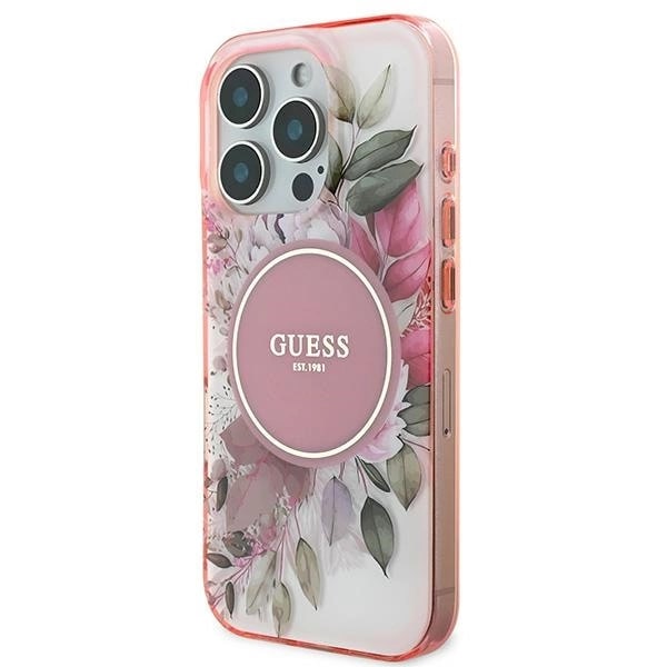 Husa Guess compatibila cu iPhone 16 Pro Max, IML Flower Tonal Circle MagSafe, Roz