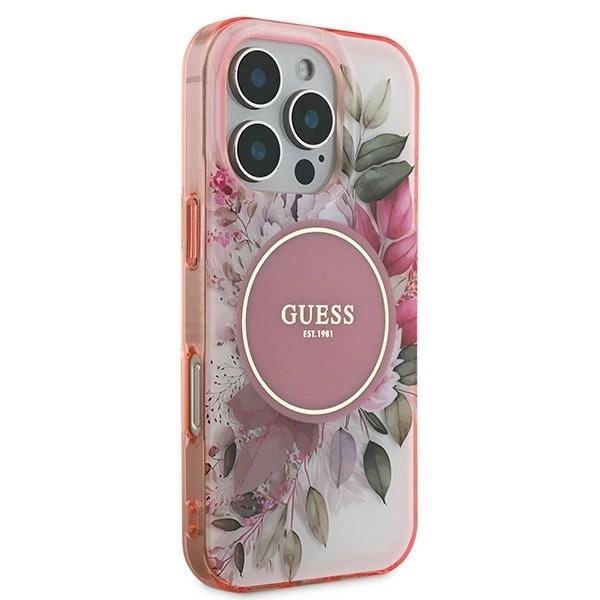 Husa Guess compatibila cu iPhone 16 Pro Max, IML Flower Tonal Circle MagSafe, Roz