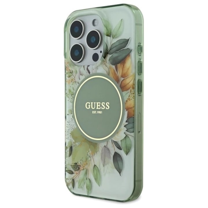 Калъф Guess, съвместим с Apple 16 Pro, IML Flower Tonal Circle, зелен