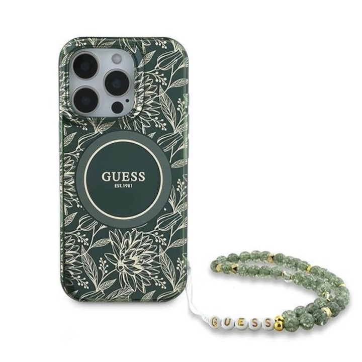 Калъф Guess, съвместим с Apple 16 Pro, IML Flowers Allover Electro Pearl Strap, зелен