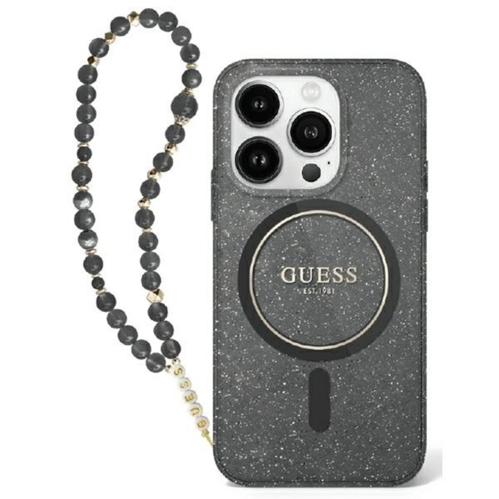 Husa Guess compatibila cu iPhone 16, IML Glitter Pearl Strap MagSafe, Negru