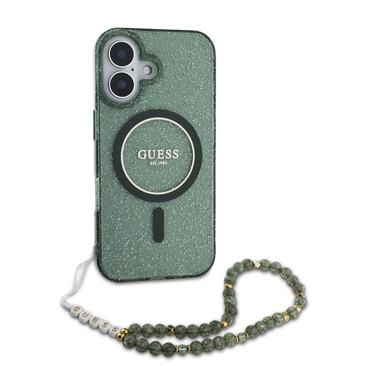 Tok iPhone 16 Plus telefonhoz – Guess IML Glitter MagSafe gyöngyszíjjal (GUHMP16MHGCRELSA) – zöld
