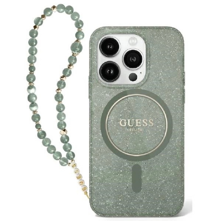 Калъф Guess, съвместим с iPhone 16 Pro Max, IML Glitter Pearl Strap MagSafe, зелен