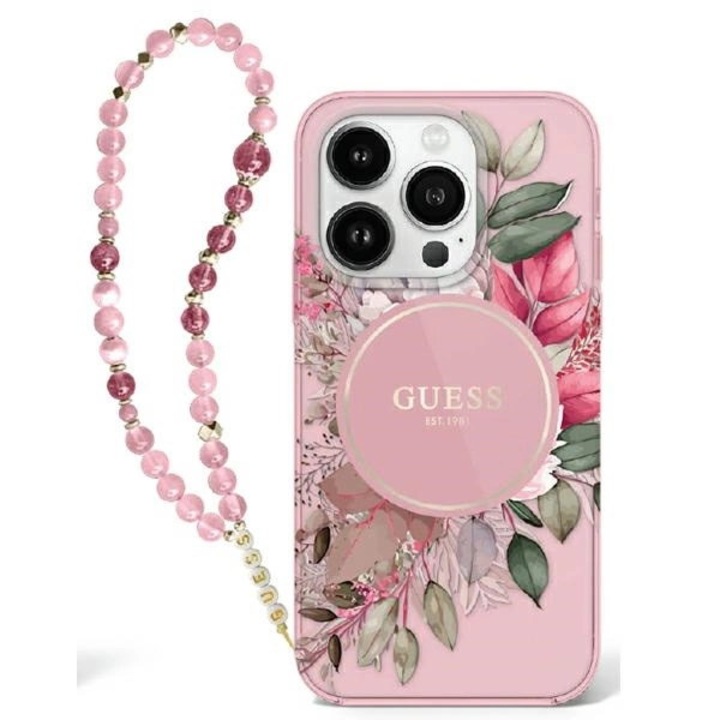 Калъф Guess, съвместим с iPhone 16 Pro Max, IML Flowers Pearl Strap MagSafe, розов