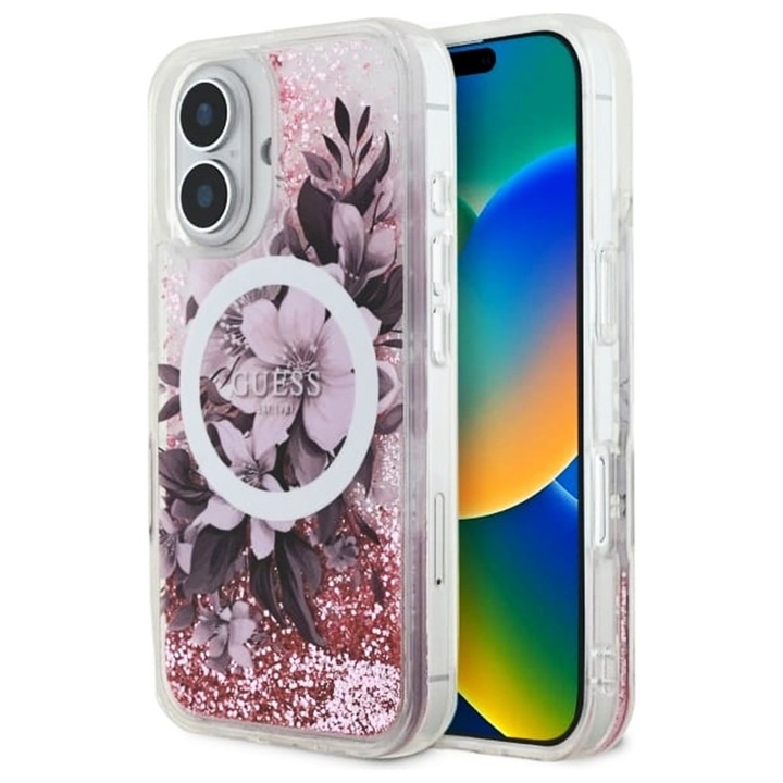 Tok iPhone 16 telefonhoz – Guess Liquid Glitter Flower MagSafe (GUHMP16SLFMWTP) – rózsaszín