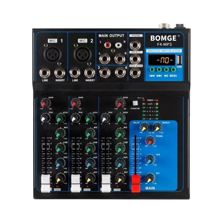 Аудио миксер BOMGE 4 канала, Bluetooth, 48V фантомно захранване, 31x26x8cm