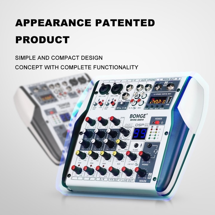 Mixer audio Profesional 06M BOMGE 6 canale, 48V Phantom, USB, efecte digitale, 99 efecte DSP, XLR out, Inerface audio, Placa de sunet, Potrivit pentru petreceri profesionale de inregistrare, KTV si scena, Negru