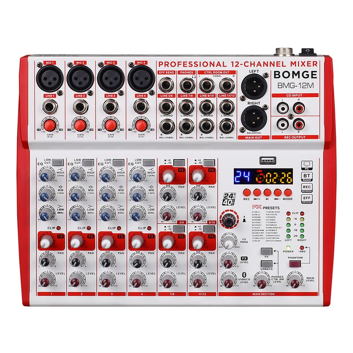 Аудио миксер BOMGE 12 канала, 24 DSP, 3-лентов EQ, USB, 32x35x10cm, 2.2kg