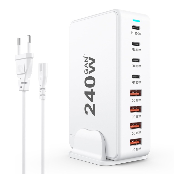 Statie de incarcare USB multiple cu 8 porturi, 240 W, 4 USB-C + 4 USB-A, incarcator rapid, incarcator PD 3.0, 320 W GaN III, cip inteligent, compatibil cu iPhone/Samsung/Google/laptop/tableta, WALALLA, alb