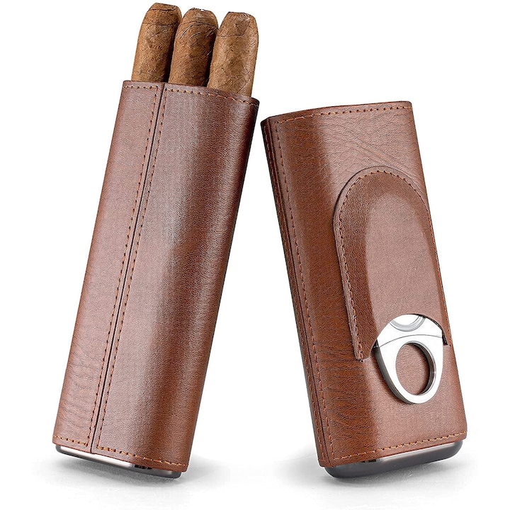 Cutie de trabucuri set de trabucuri cu 3 degete din piele captusita cu lemn de cedru, Caz pentru tigari, din piele, cu taietor din otel inoxidabil, set pentru 3 tigari, WALALLA, maro deschis