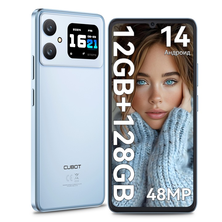 Мобилен телефон CUBOT A20 2024, две SIM карти, 12GB+128GB/1TB, 6.745" HD екран + 90Hz, Android 14, 13MP камера, 4G смартфон, осемядрен/Face ID/GPS, син