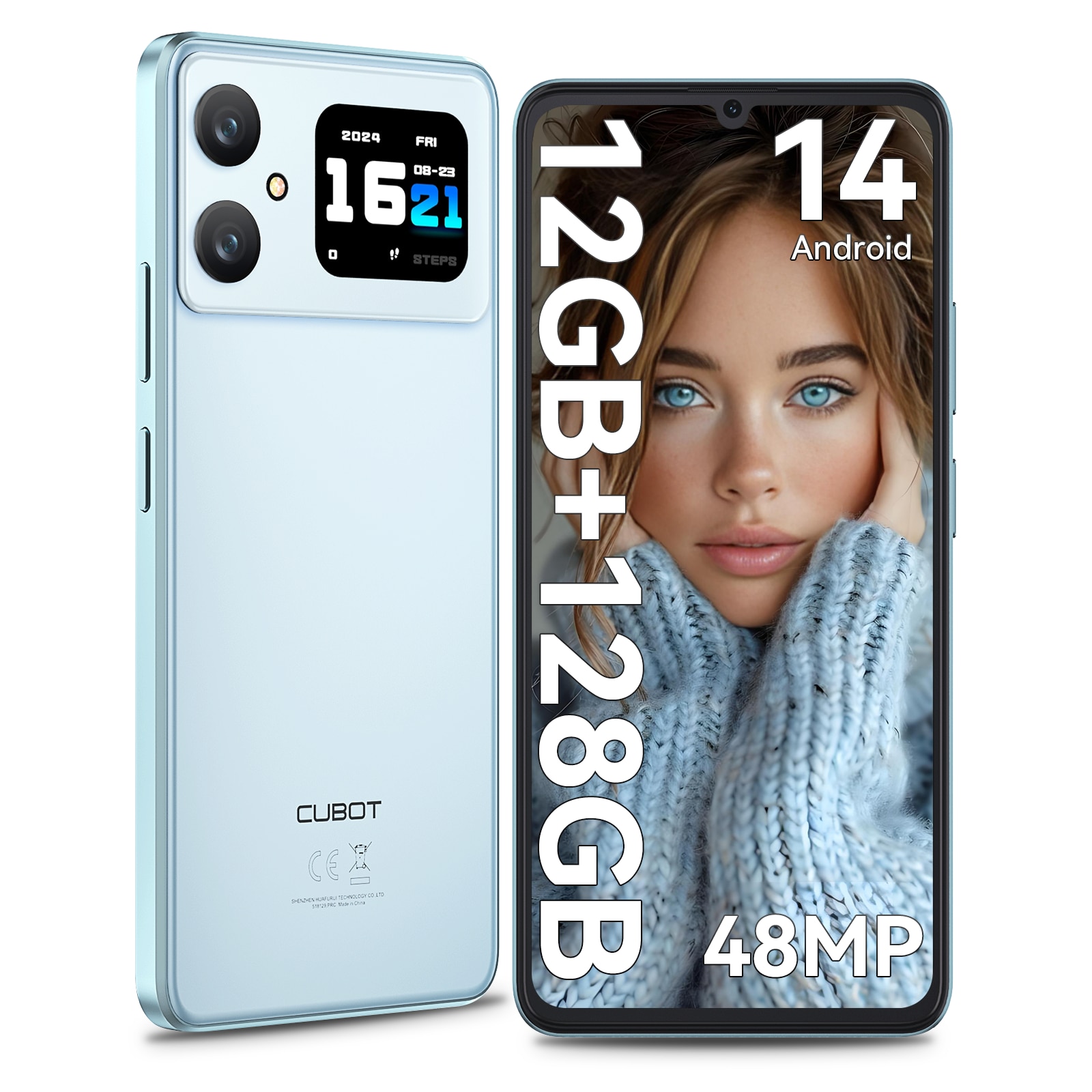 Telefon mobil CUBOT A20, Dual SIM, Android 14, 12GB+128GB/1TB, 5100mAh, ecran HD de 6.8" + Octa-Core 90Hz, Camera cu 48MP+16MP, Smartphone 4G, Face ID/GPS, Albastru