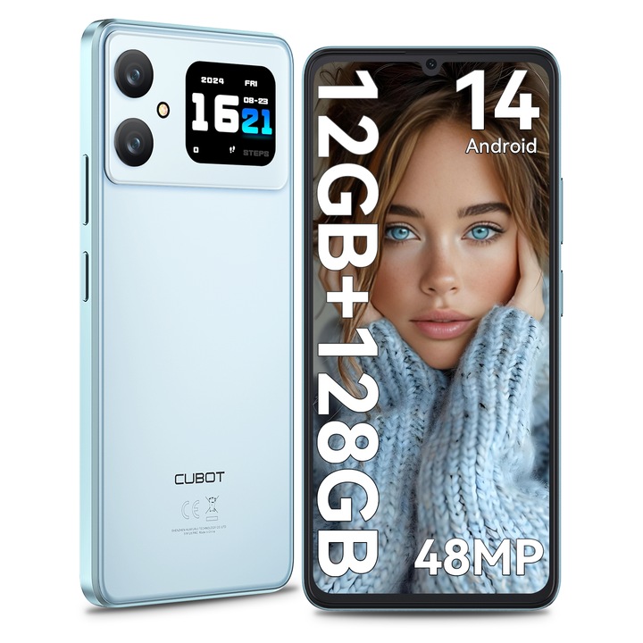 Telefon mobil CUBOT A20, Dual SIM, Android 14, 12GB+128GB/1TB, 5100mAh, ecran HD de 6.8" + Octa-Core 90Hz, Camera cu 48MP+16MP, Smartphone 4G, Face ID/GPS, Albastru