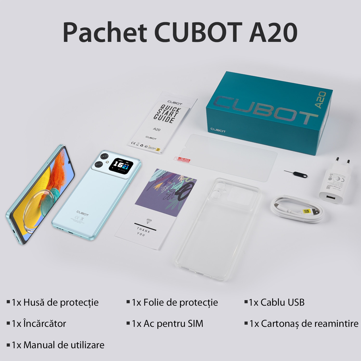 Telefon mobil CUBOT A20, Dual SIM, Android 14, 12GB+128GB/1TB, 5100mAh, ecran HD de 6.8" + Octa-Core 90Hz, Camera cu 48MP+16MP, Smartphone 4G, Face ID/GPS, Albastru