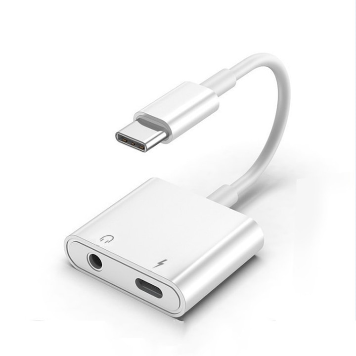 Преходник 2-в-1 USB-C към жак 3,5 мм, бял