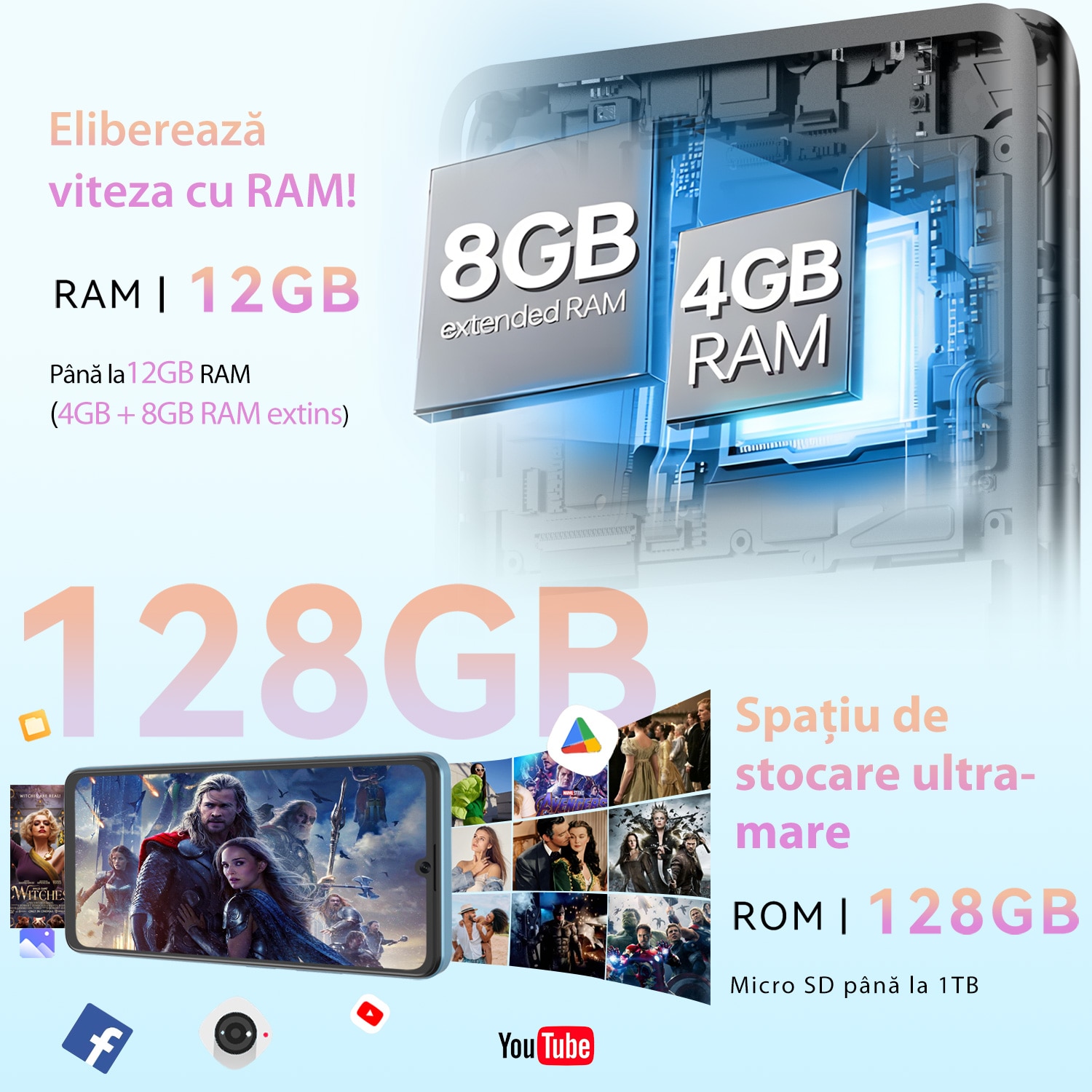 Telefon mobil CUBOT A20, Dual SIM, Android 14, 12GB+128GB/1TB, 5100mAh, ecran HD de 6.8" + Octa-Core 90Hz, Camera cu 48MP+16MP, Smartphone 4G, Face ID/GPS, Albastru