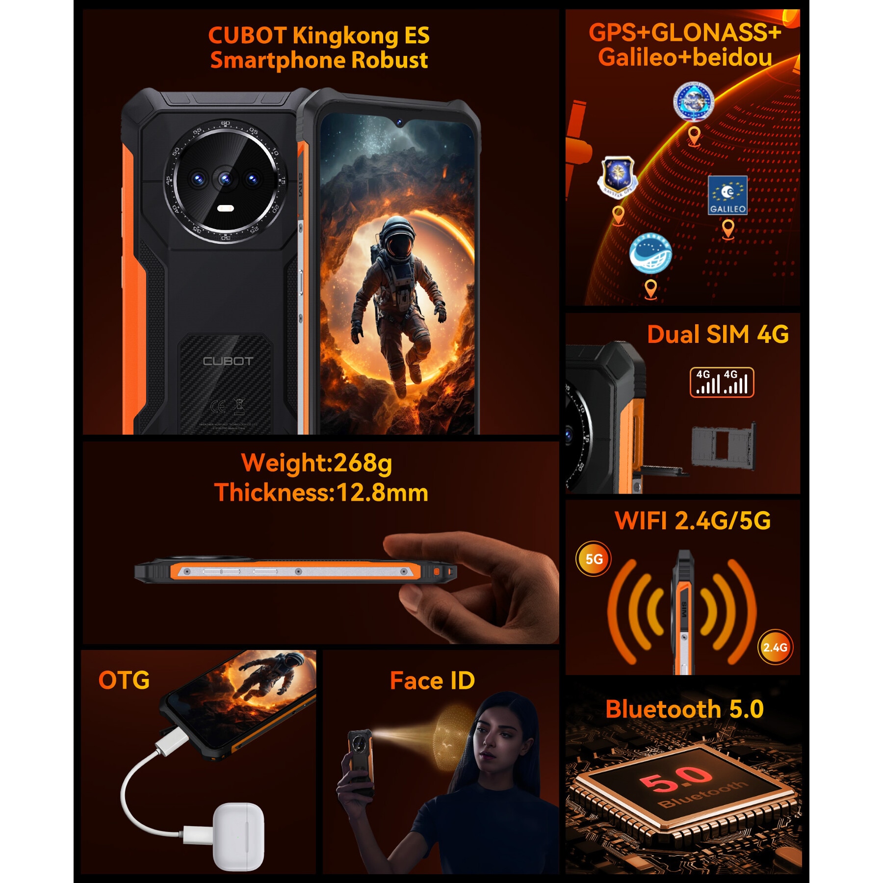 Telefon mobil CUBOT Kingkong ES, Android 14 16GB RAM + 128GB ROM, camera 48MP, display 6,56'', baterie 5000mAh, Dual SIM 4G, impermeabil IP68/IP69K, portocalie