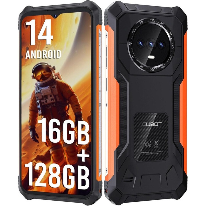 Смартфон CUBOT Kingkong ES, Android 14 16GB RAM + 128GB ROM, 48MP камера, 6.56'' дисплей, 5000mAh батерия, Dual SIM 4G, водоустойчив IP68/IP69K, orange
