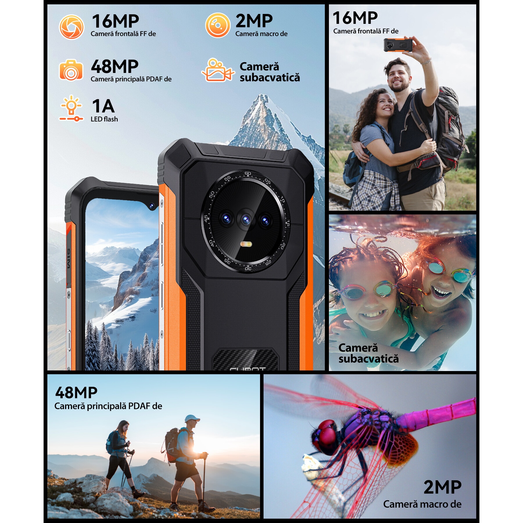 Telefon mobil CUBOT Kingkong ES, Android 14 16GB RAM + 128GB ROM, camera 48MP, display 6,56'', baterie 5000mAh, Dual SIM 4G, impermeabil IP68/IP69K, portocalie