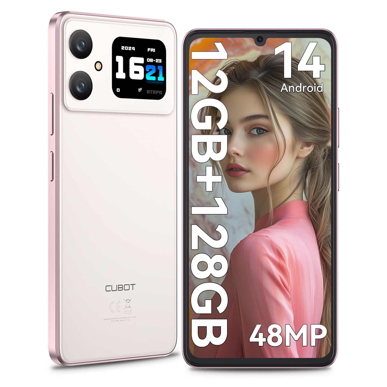Telefon mobil CUBOT A20, Dual SIM, Android 14, 12GB+128GB/1TB, 5100mAh, ecran HD de 6.8" + Octa-Core 90Hz, Camera cu 48MP+16MP, Smartphone 4G, Face ID/GPS, Roz