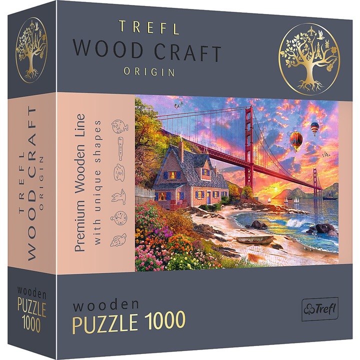 Fa puzzle Trefl, Wood Craft, Naplemente a Golden Gate-nél, 1000 darab