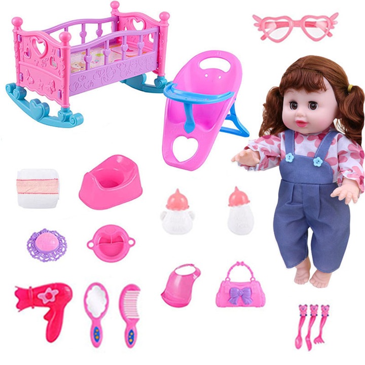 Set accesorii papusa, WEPZSXO, 19PCS, plastic, roz, 34cm