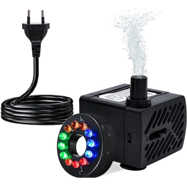 Помпа за вода с LED, Nybgyy, 180L/h, 12 LED лампи, 4x3.5x2.8cm, за аквариум и вътрешен фонтан