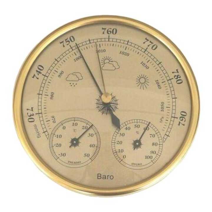Statie Meteo 3 in 1, BGHYHYHI, Aliaj aluminiu, Barometru, Termometru, Higrometru, 132mm, Auriu