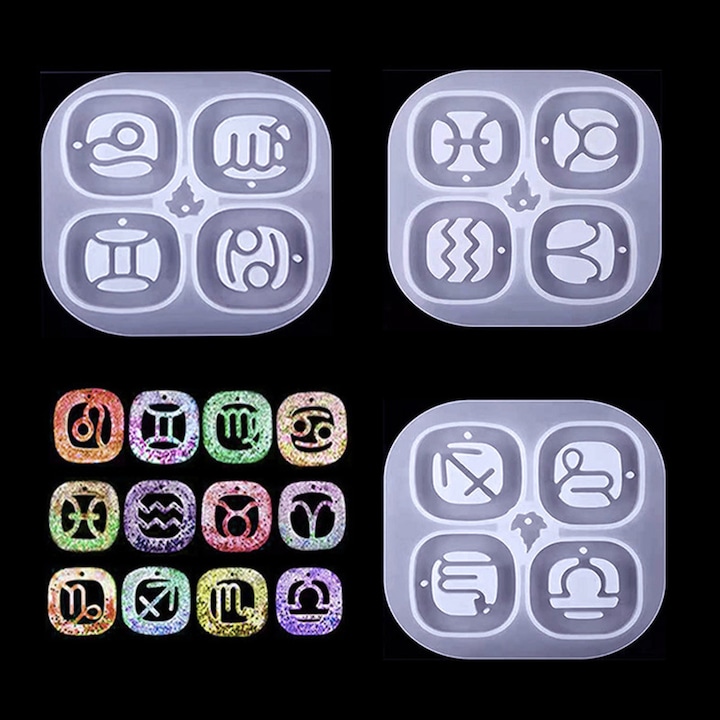 Matrita din rasina 12 semne zodiacale, Enforose, pentru bijuterii DIY, multicolor, 20x15cm