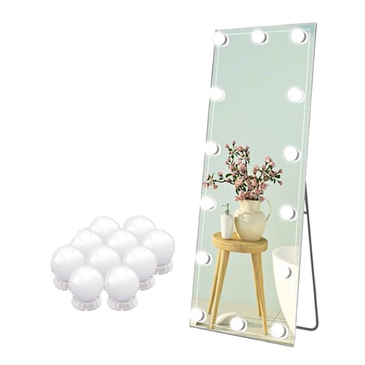 Set oglinda cosmetica cu 10 LED-uri, BGHYHYHI, 3 moduri de culoare, 7.2m cablu