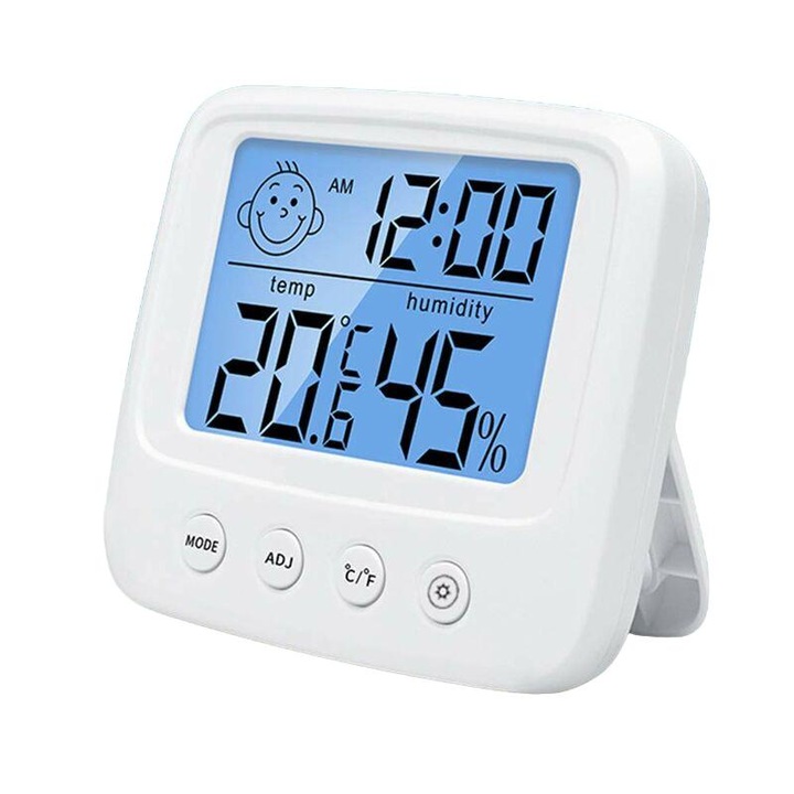 Цифров термометър, BGHYHYHI, Хигрометър, Индикатор за комфорт, LCD екран, 3,5x3,0 инча, Функция часовник, Бял