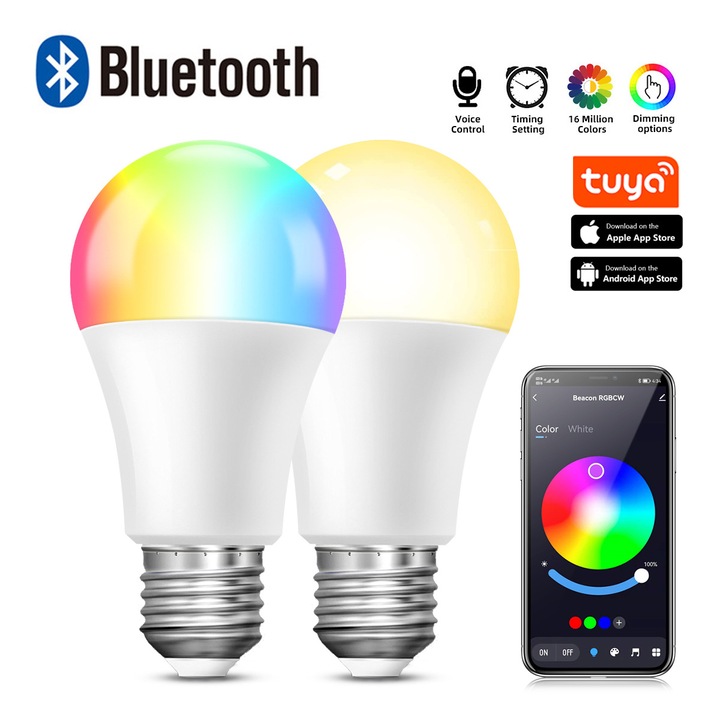 Set becuri inteligente Bluetooth ajustabile 2pcs, Tioialz®,9W, multicolor, 220-240V, sticla
