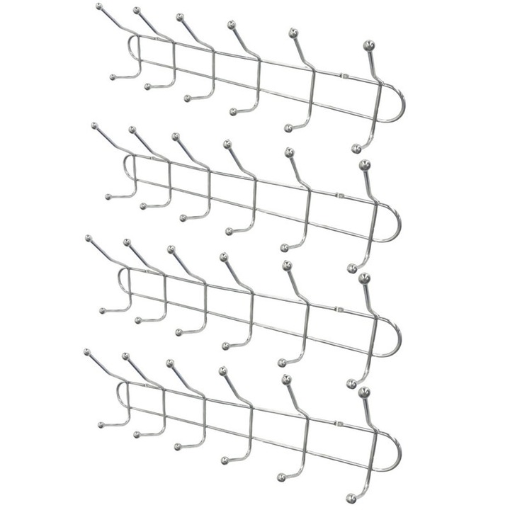 Suporturi de perete pentru haine Niks, set 4 buc, 6 carlige, stil contemporan, finisaj lucios, 19.4 inch