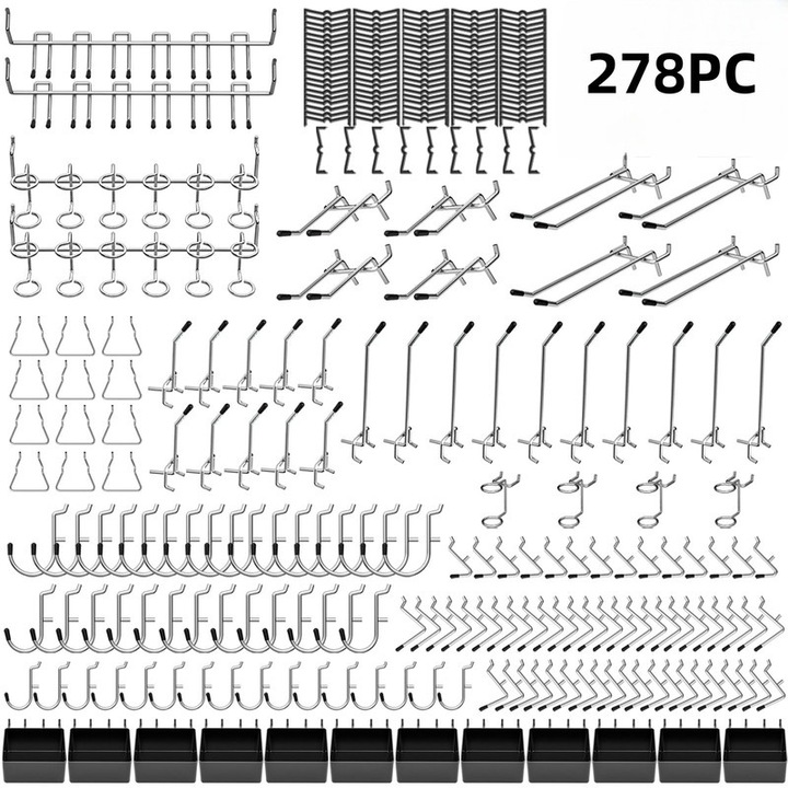 Kit organizare accesorii pegboard 278pcs, Niks, 16 tipuri de carlige, 12 bins, multicolor