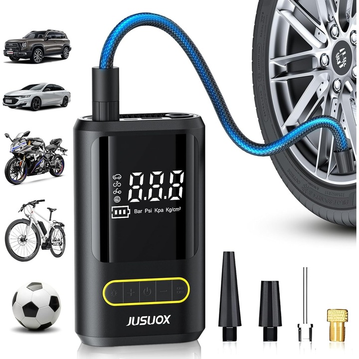 Compresor auto portabil, 150 PSI, cu manometru, lumina LED, pentru anvelope de masina, motocicleta, bicicleta, minge