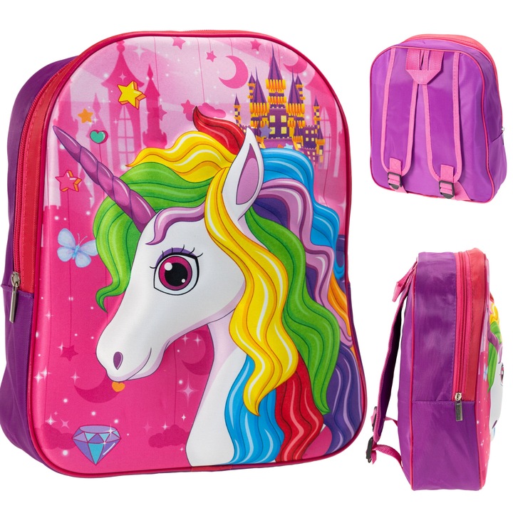 Rucsac roz cu unicorni, 30x25x10cm, 7L, pentru copii, set pentru gradinita si scoala