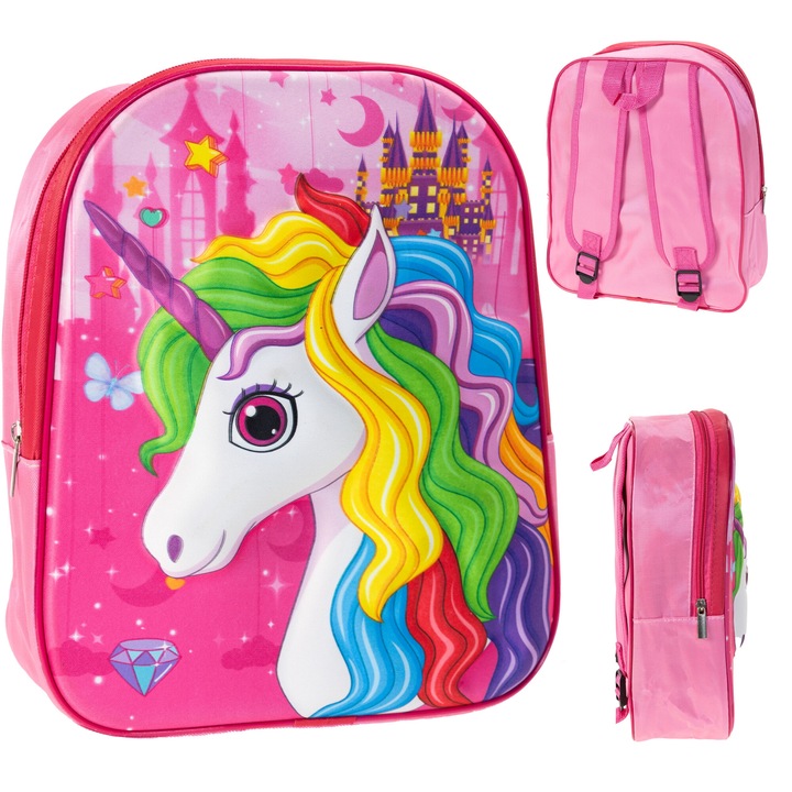 Rucsac roz cu unicorni, 30x25x10cm, 7L, pentru copii, set pentru gradinita si scoala