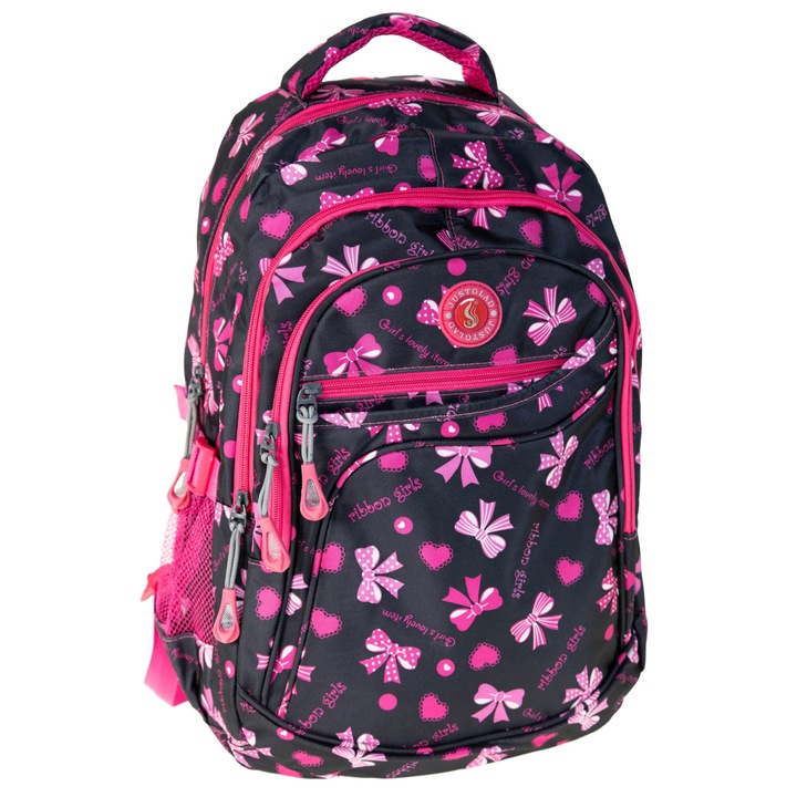 Többfunkciós iskolatáska, 3 rekesszel, 45 x 30 x 20 cm, 25 l, rózsaszín/fekete